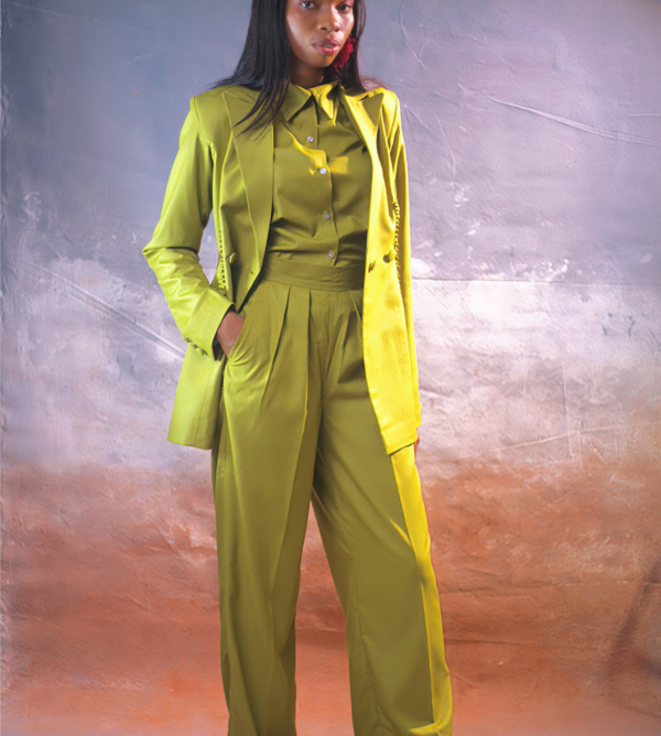 Luxury olive green tailored women’s suit with structured blazer and high-waist wide-leg pants