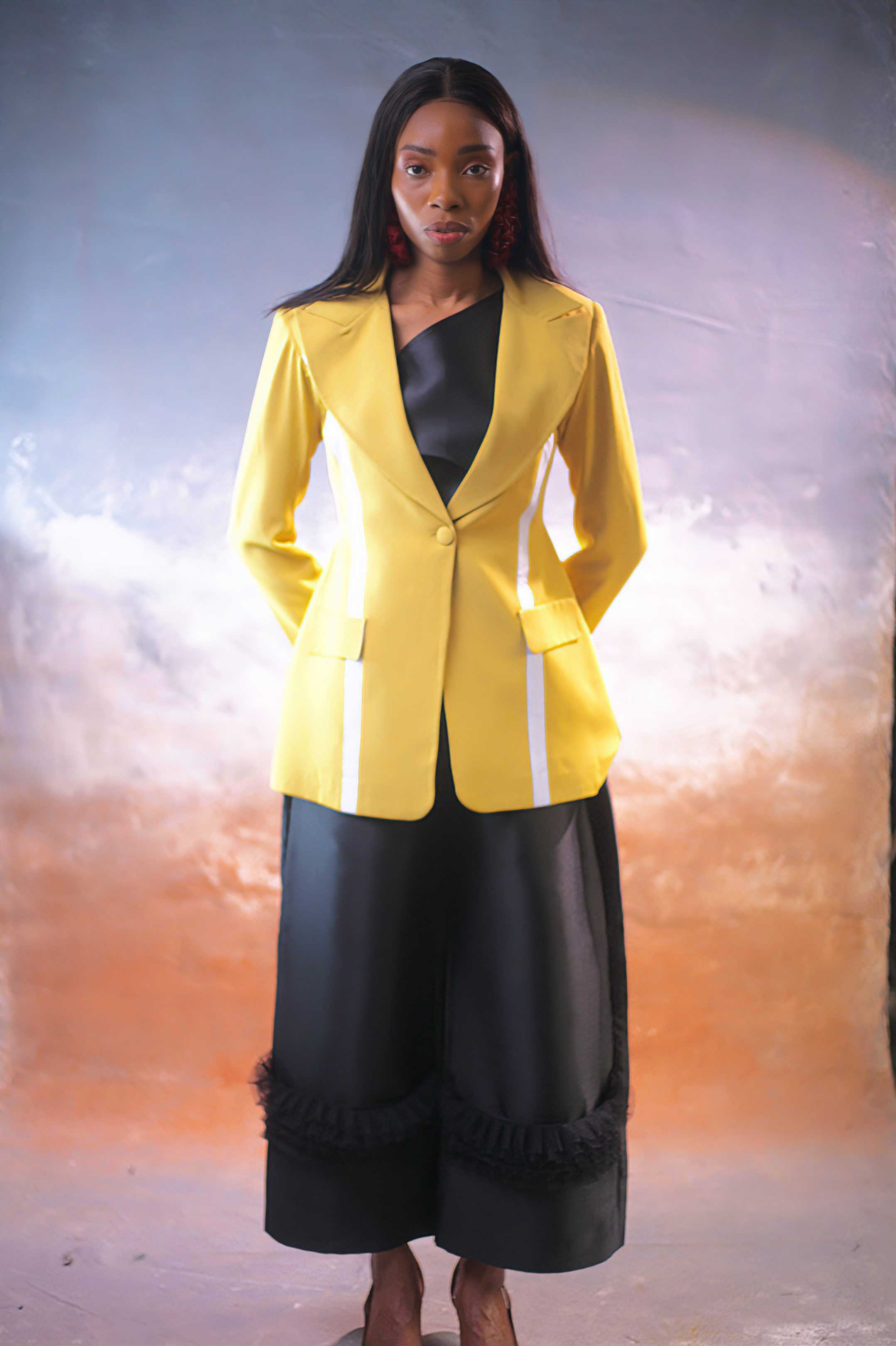 Feminine power suit for women featuring a blazer and tailored wide-leg mikado cullotes