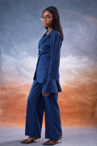 Pinstriped double breasted suit for professional women